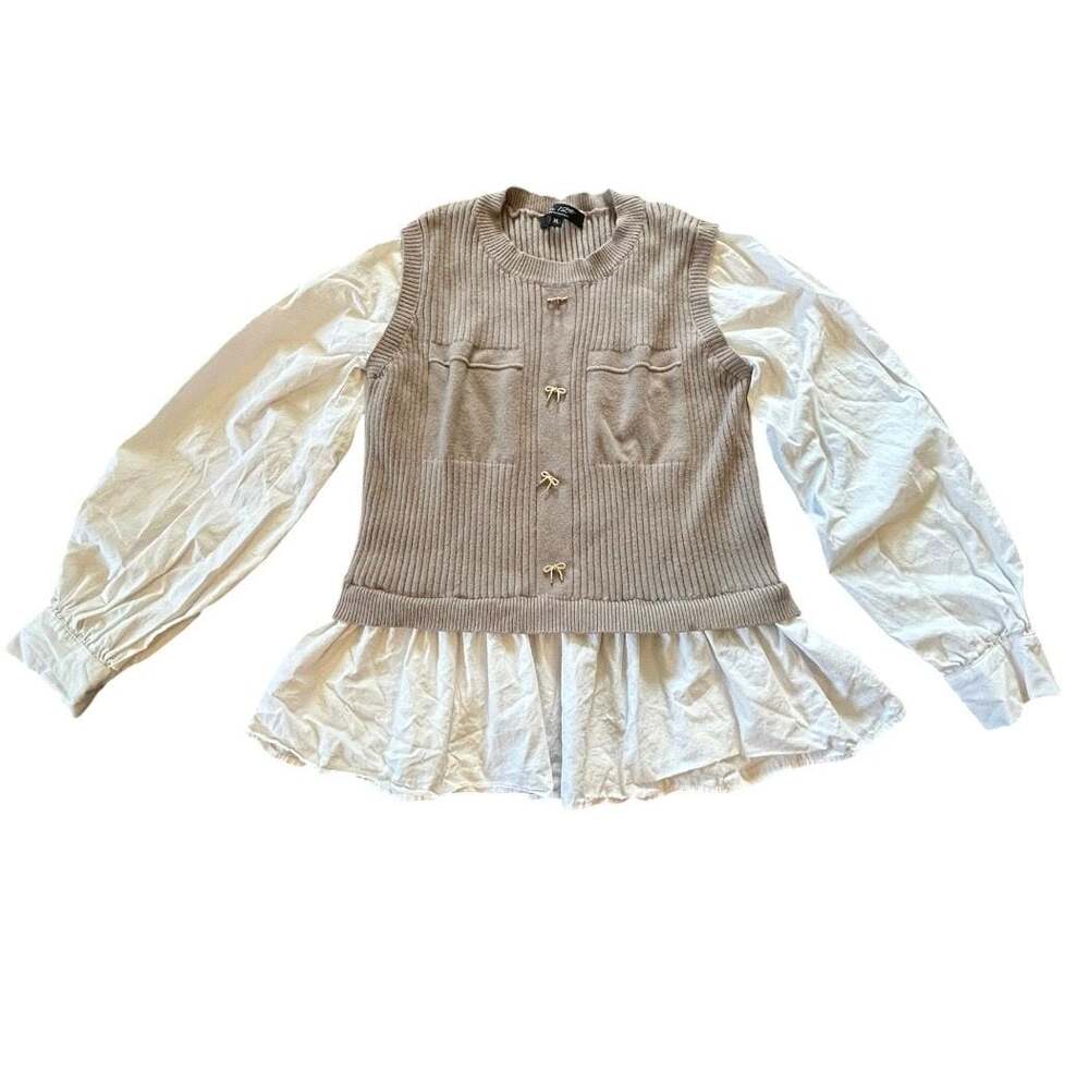 On 12th Young Contemporary Women's Knit Vest Layered White Long Sleeve Blouse To